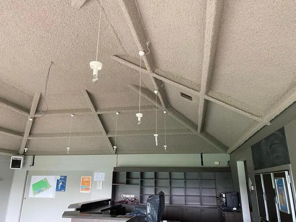 een plafond met zichtbare metalen balken en meerdere hangende lampen in een kantooromgeving.